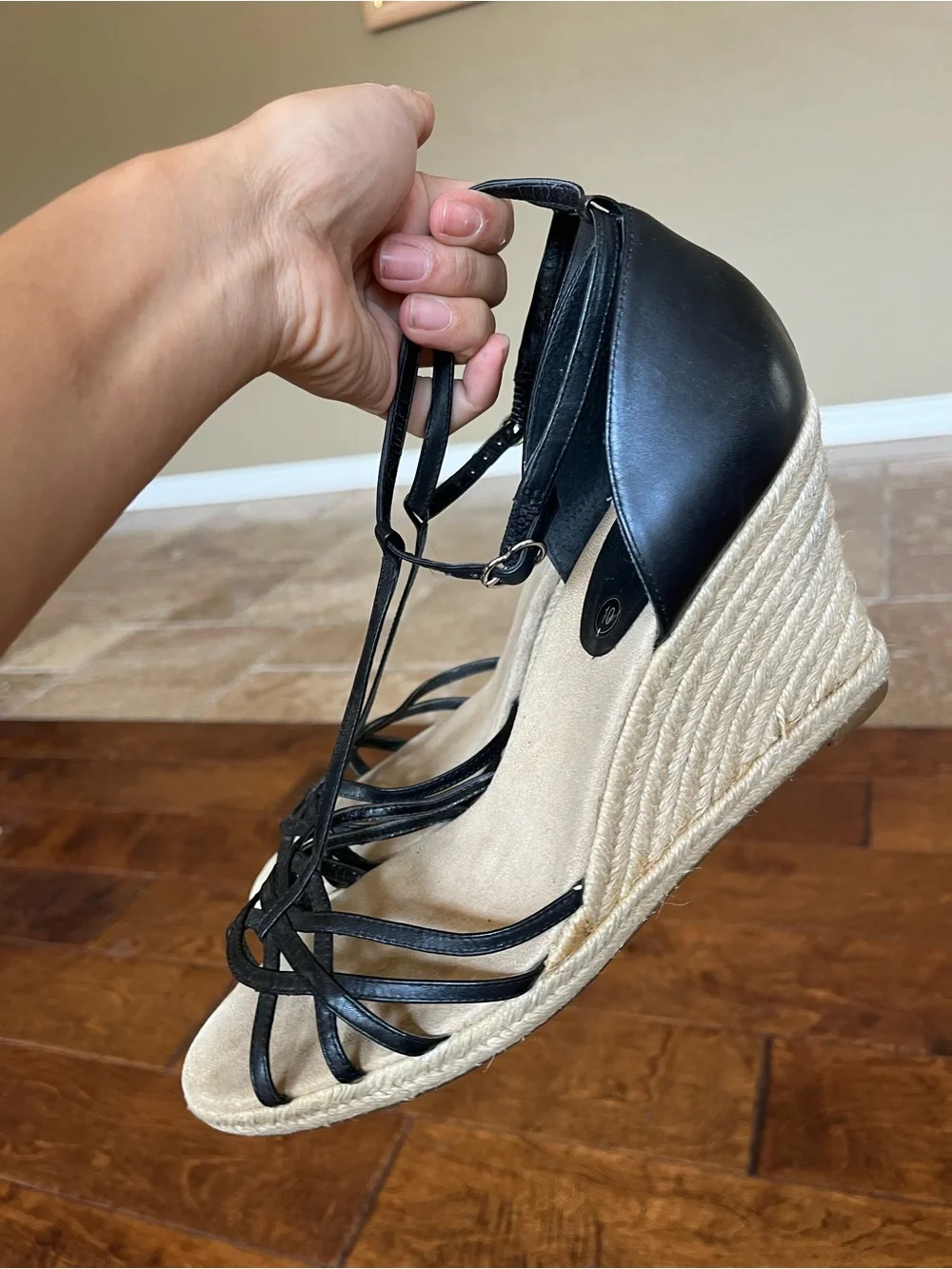 LOFT Black Strappy T‑Bar Espadrille Wedges